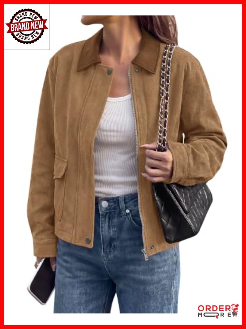 Faux Suede Jacket Women Faux Leather Lapel Zip Up Fall Winter Coat